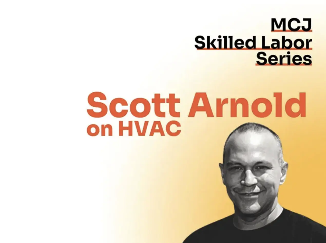 A man edited in front of text and a yellow background that fades. The titled text says "Arnold Scott on HVAC".